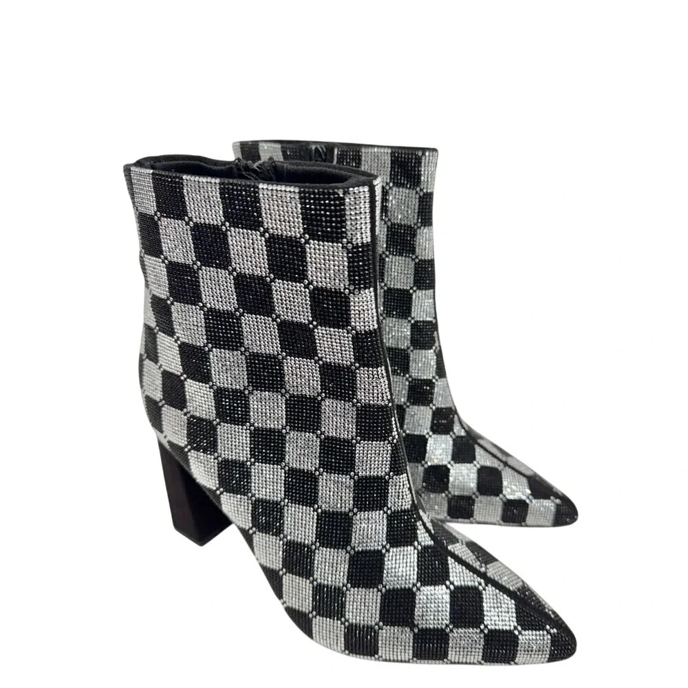 Wild Pair Ingriddd Rhinestone Checkered Ankle Boots Black Silver Block Heel 5M